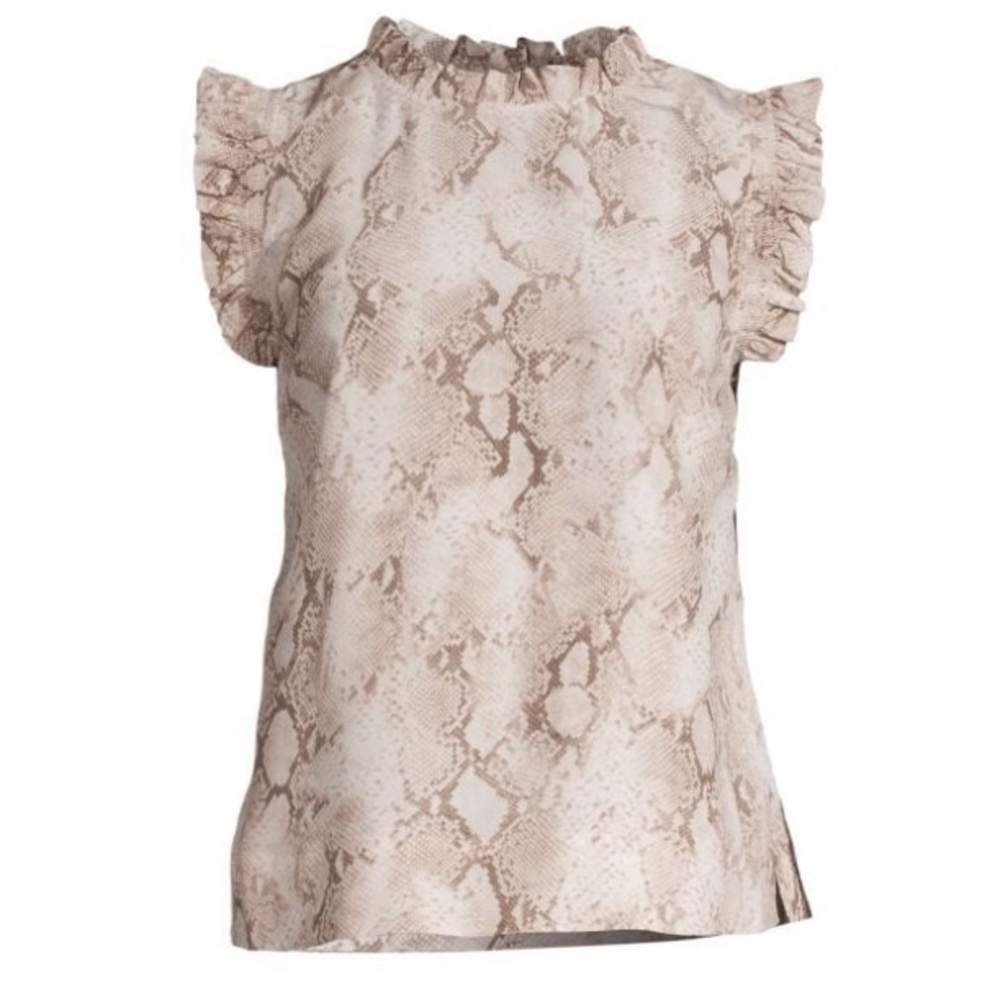 NWT Elie Tahari Brown And Tan Snakeskin Print Flutter Sleeve Silk Top - Picture 5 of 10